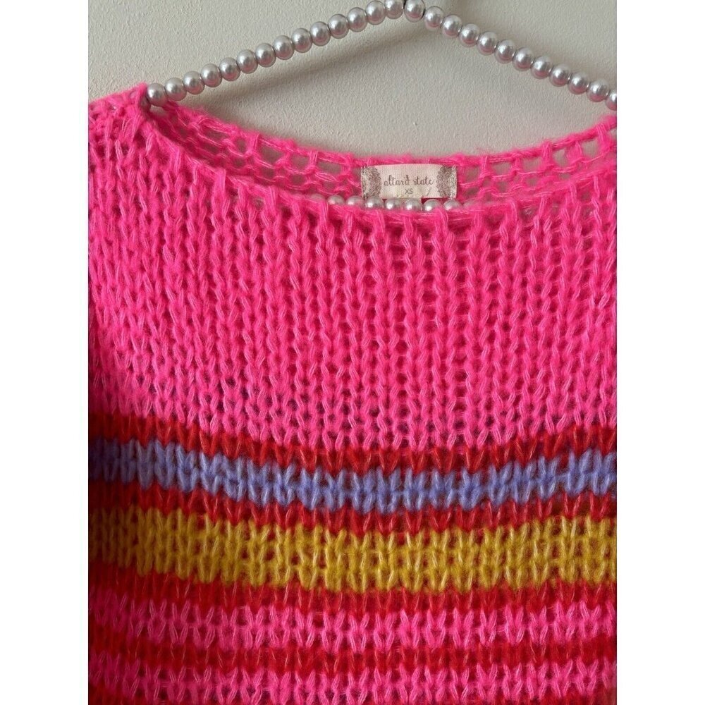 Altar'd State Womens Size XS Open Knit Sweater Bright Pink Stripe - Picture 2 of 4